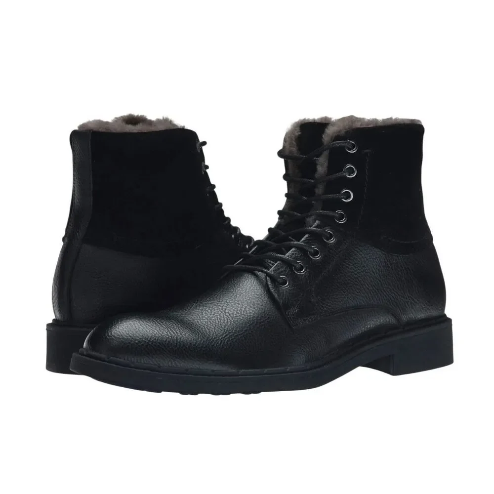 Robert Wayne Men’s Black Leather Faux Fur Lined Lace Up Ankle Boots